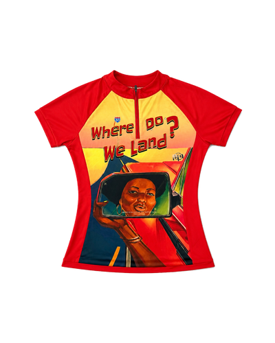 A short-sleeve athletic jersey with a red collar and sleeves, featuring a large graphic print on the front. The print includes the text 'Where Do We Land?' in red and black over a yellow background, with an illustration of a woman looking in a car mirror.