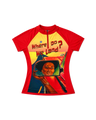 A short-sleeve athletic jersey with a red collar and sleeves, featuring a large graphic print on the front. The print includes the text 'Where Do We Land?' in red and black over a yellow background, with an illustration of a woman looking in a car mirror.