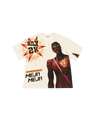 An off-white graphic t-shirt featuring a large print of a man holding cash next to a starburst that reads 'DAILY 2K' and the text 'MEJI! MEJI!'.